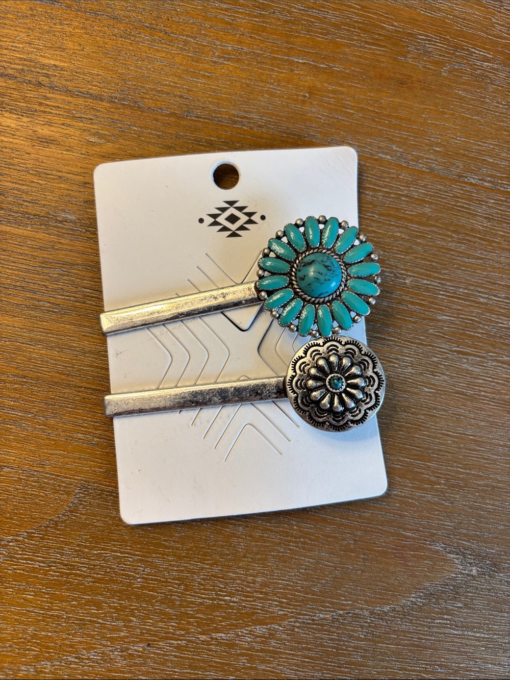 Aztec Boutique Western Concho Barrettes Set of 2, Silver & Turquoise, NWT